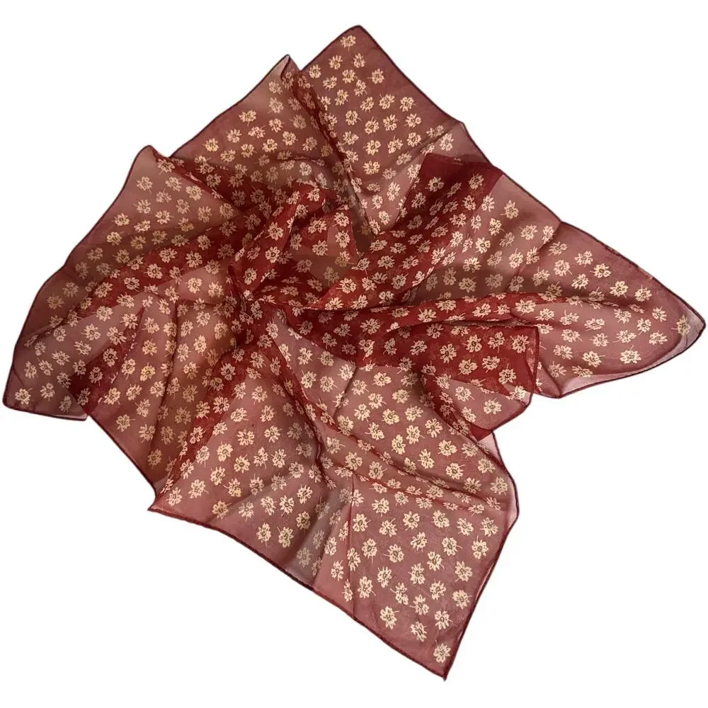 Silk Chiffon Floral Print Scarf 21” Square Burgundy Ivory Sheer Boho